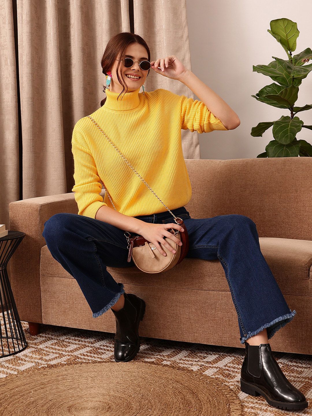 STREET 9 Yellow Ribbed Turtle Neck Acrylic Pullover Sweater