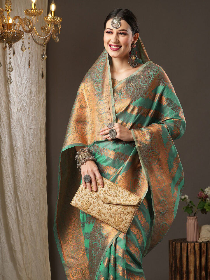 Saree mall Teal & Gold-Toned Woven Design Zari Silk Blend Banarasi Sarees