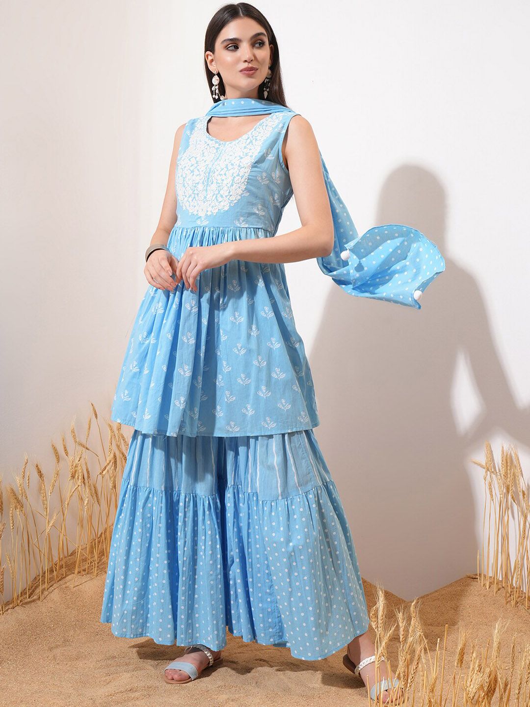 Vishudh Blue Floral Printed Sleeveless Pure Cotton A-Line Kurta With Sharara & Dupatta