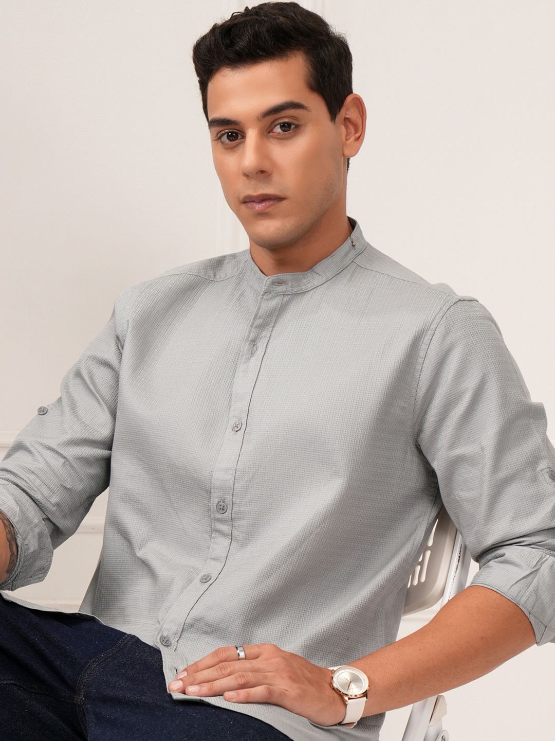 HIGHLANDER Men Dobby Textured Mandarin Collar Sleeve Roll Up Casual Shirt