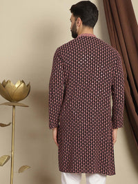 Anouk Coral Geometrik Sulam Mandarin Kolar Lengan Panjang Kurta Kapas Labuci