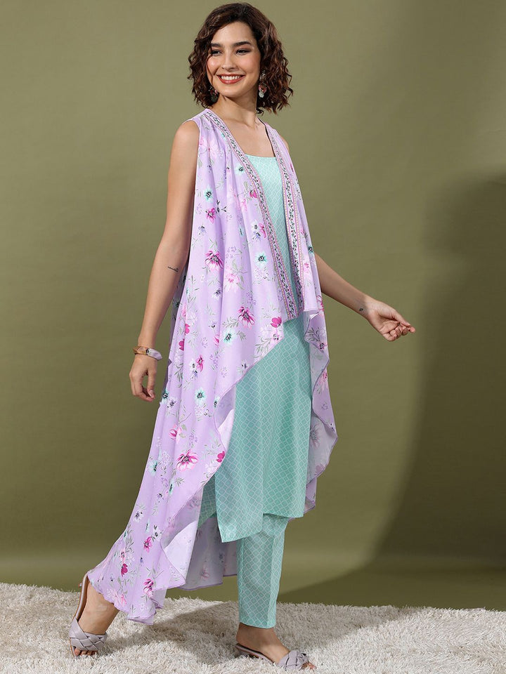 Vishudh Sea Green & Purple Ethnic Motifs Printed Regular Kurta With Trousers & Jacket