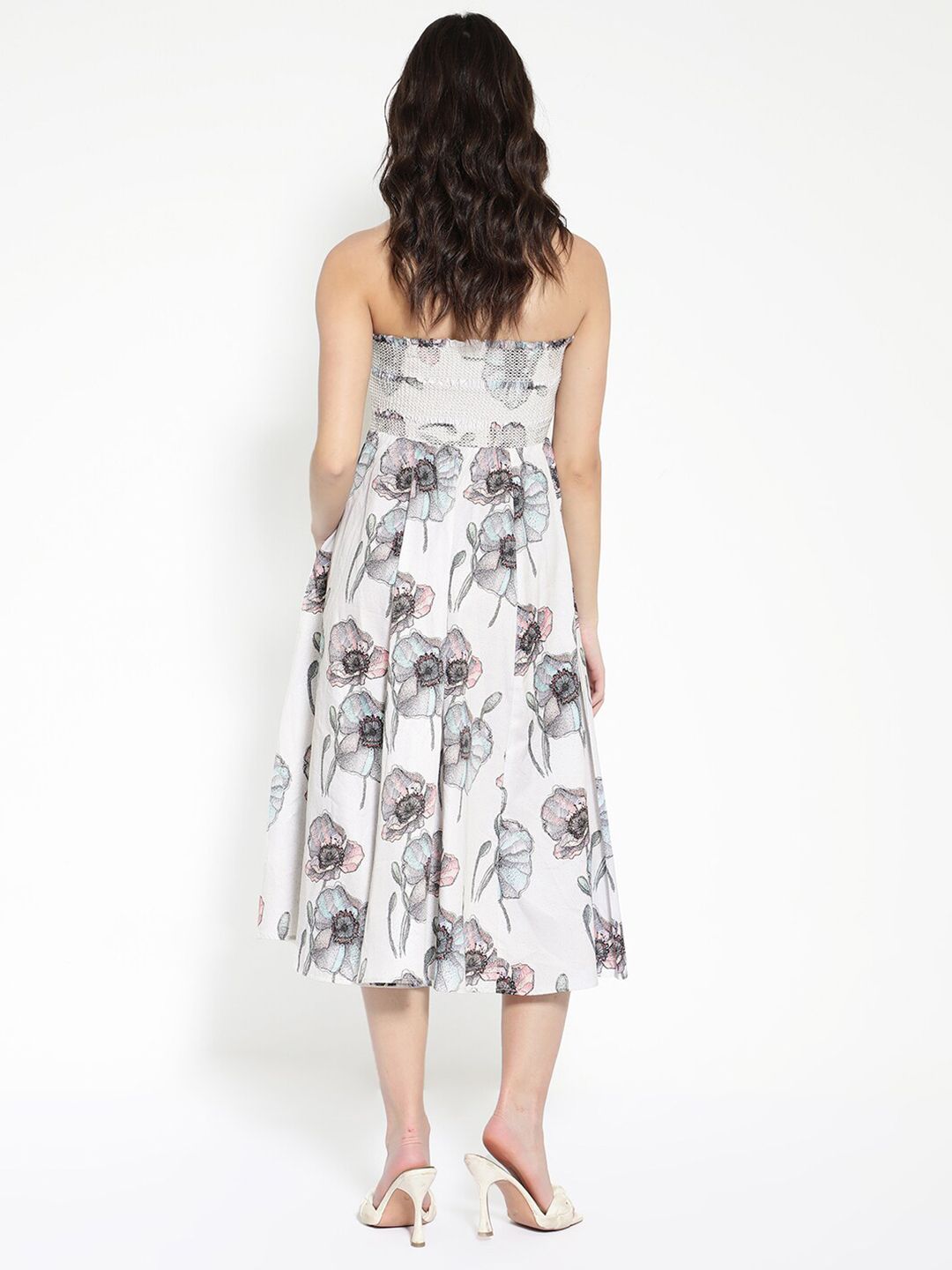 Rareism Off Shouler Floral Printed Cotton Fit & Flare Midi Dress