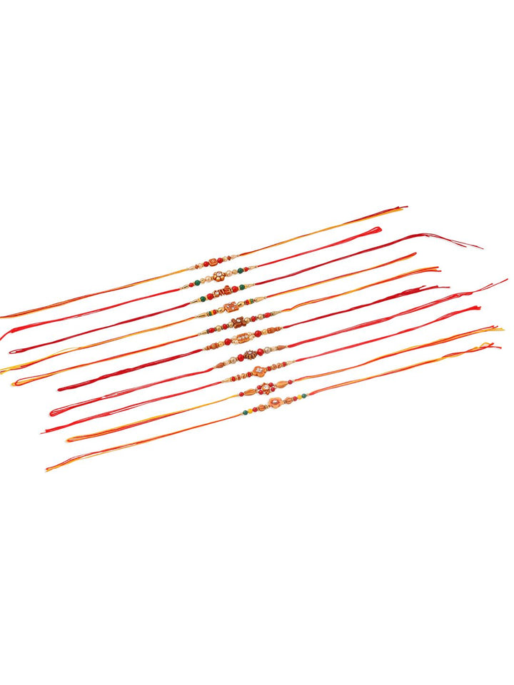 NVR Unisex Set of 10 Floral  Red Artificial Stones and Beads Thread Rakhi With Roli Chawal