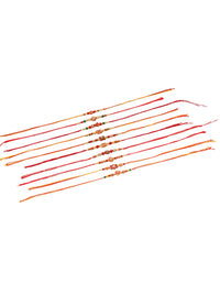 NVR Unisex Set of 10 Floral  Red Artificial Stones and Beads Thread Rakhi With Roli Chawal