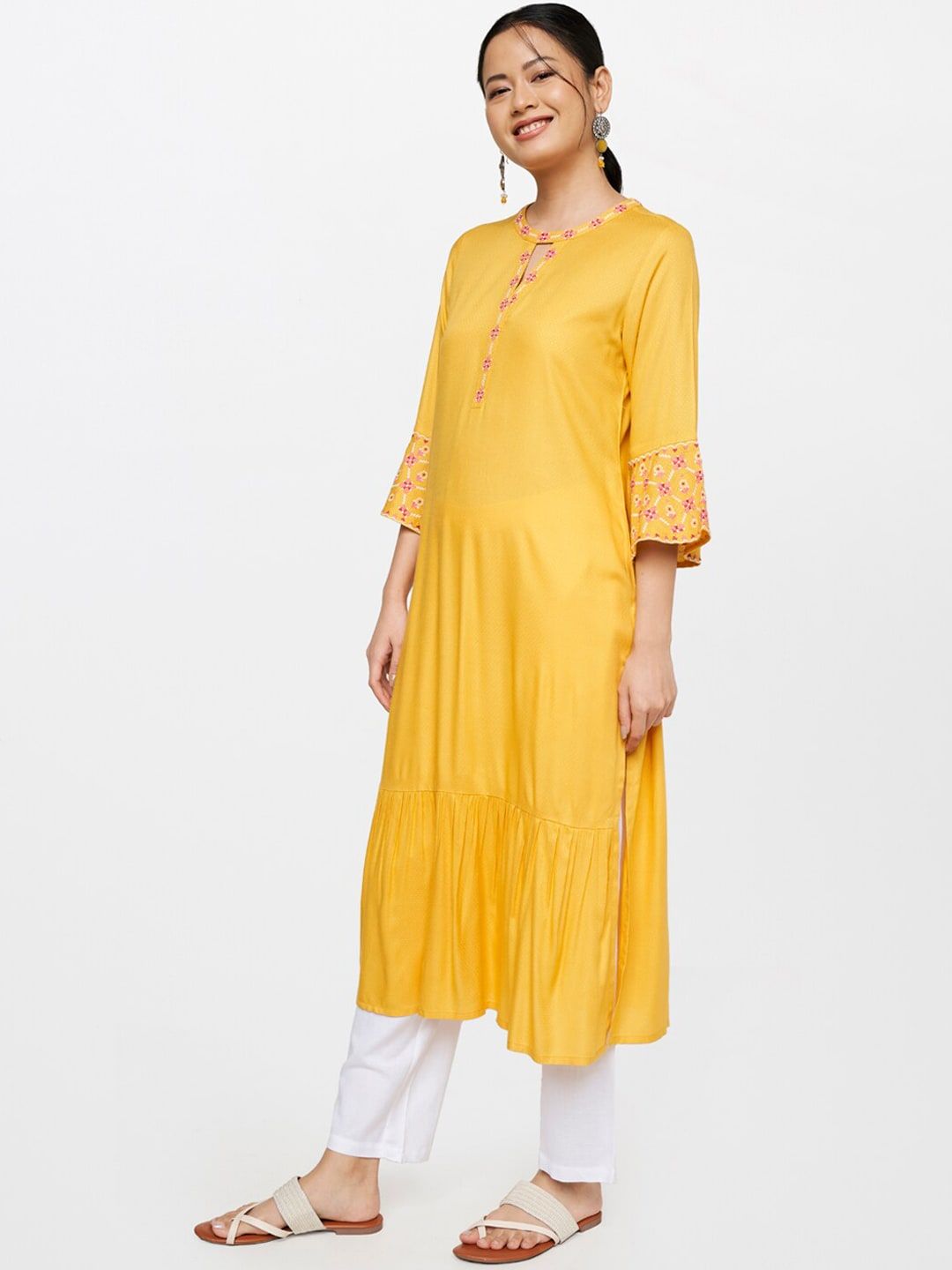 Global Desi Women Mustard Yellow Embroidered Keyhole Neck Bell Sleeves Thread Work Kurta