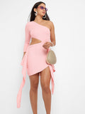 Campus Sutra Self Design One Shoulder Cutout Bodycon Mini Dress