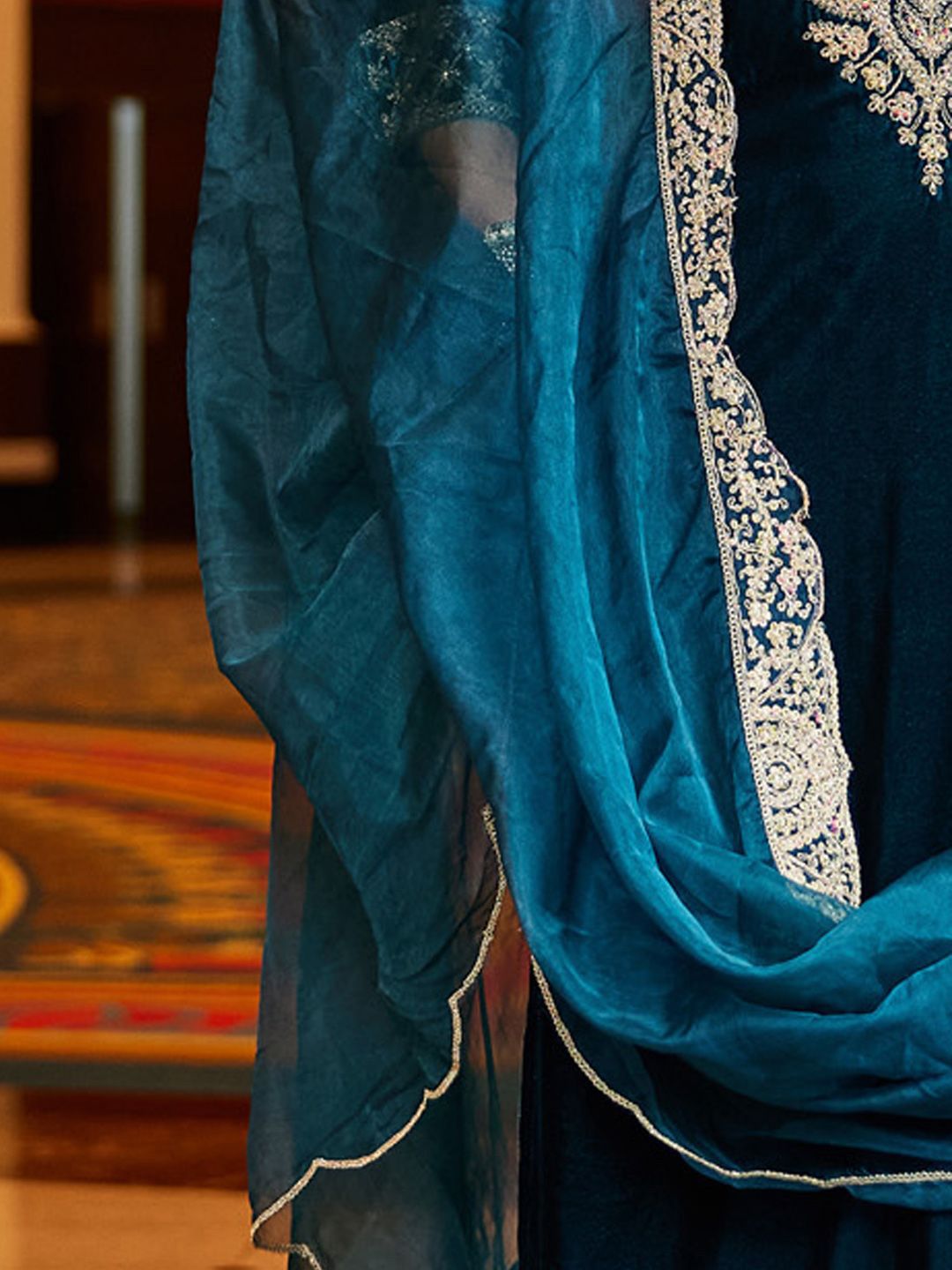 Indo Era Women Ethnic Motifs Embroidered Regular Velvet Kurta with Trousers & With Dupatta