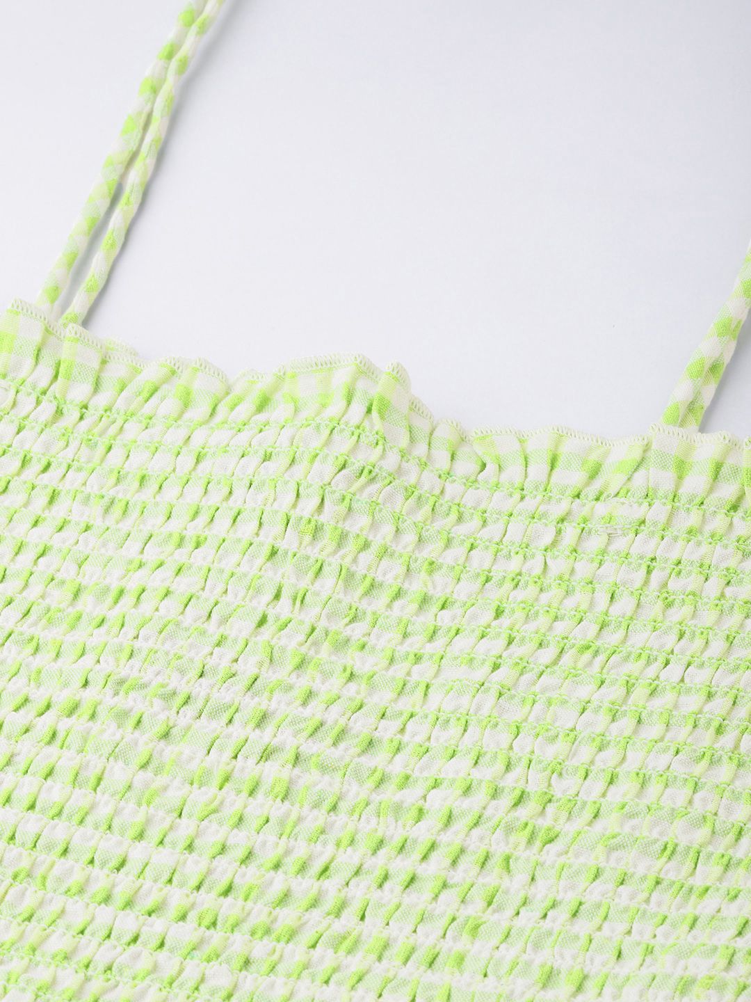 DressBerry Playful Bodice Smocked Tie-Up Straps Seersucker Checked A-line Dress