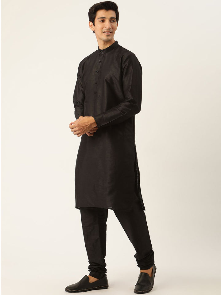 SOJANYA Men Black & Sea Green Solid Kurta with Churidar & Nehru Jacket