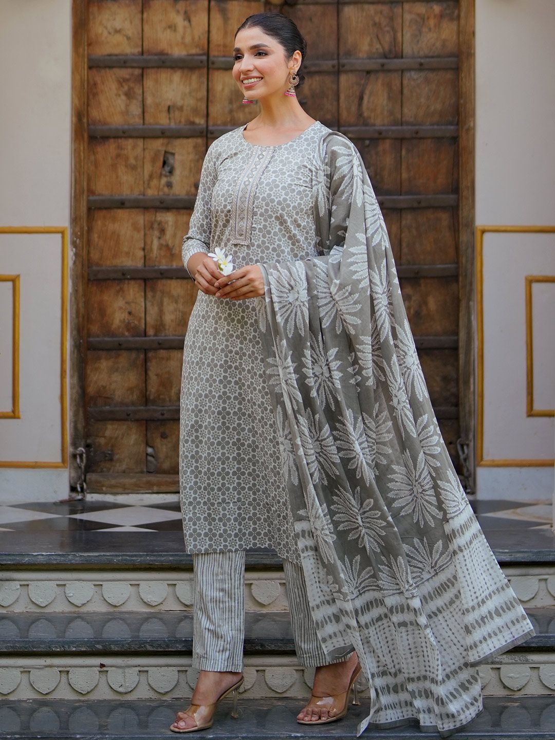 Libas Ethnic Motifs Printed Sequinned Pure Cotton A Line Kurta with Trousers & Dupatta