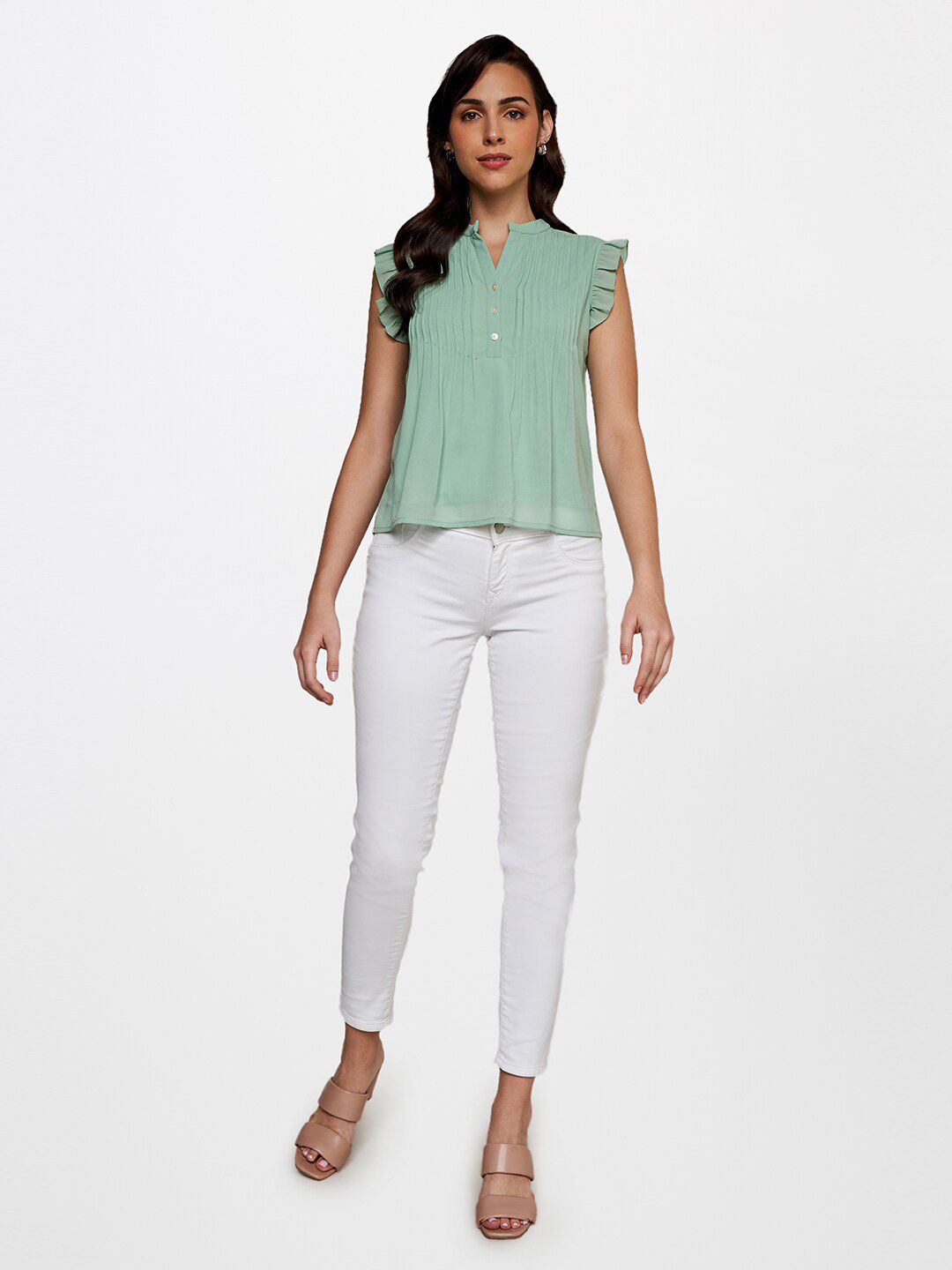 AND Sea Green Mandarin Collar Top