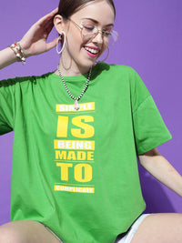 STREET 9 Women Green Typography Printed Drop-Shoulder Sleeves Oversized Cotton T-shirt