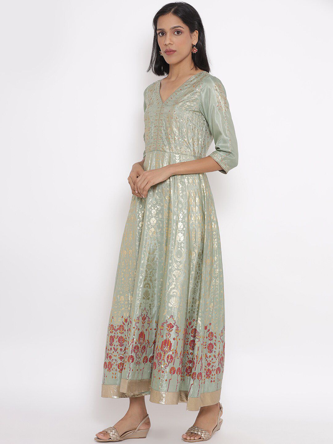 W Green Ethnic Motifs Ethnic Maxi Dress