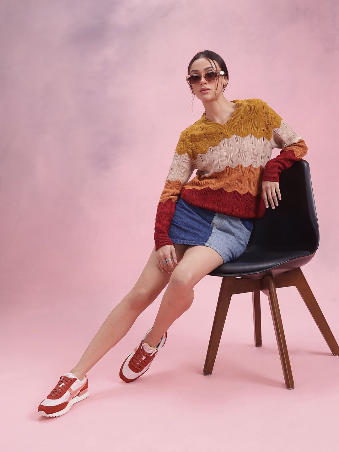 DressBerry Colourblocked Open Knit Pullover