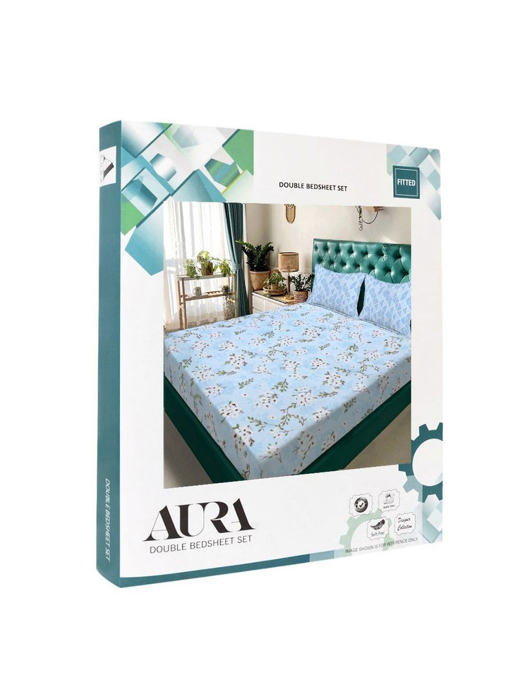 Aura Blue & White Floral 300 TC Fitted Double King Bedsheet Set 2.50 m x 2.25 m