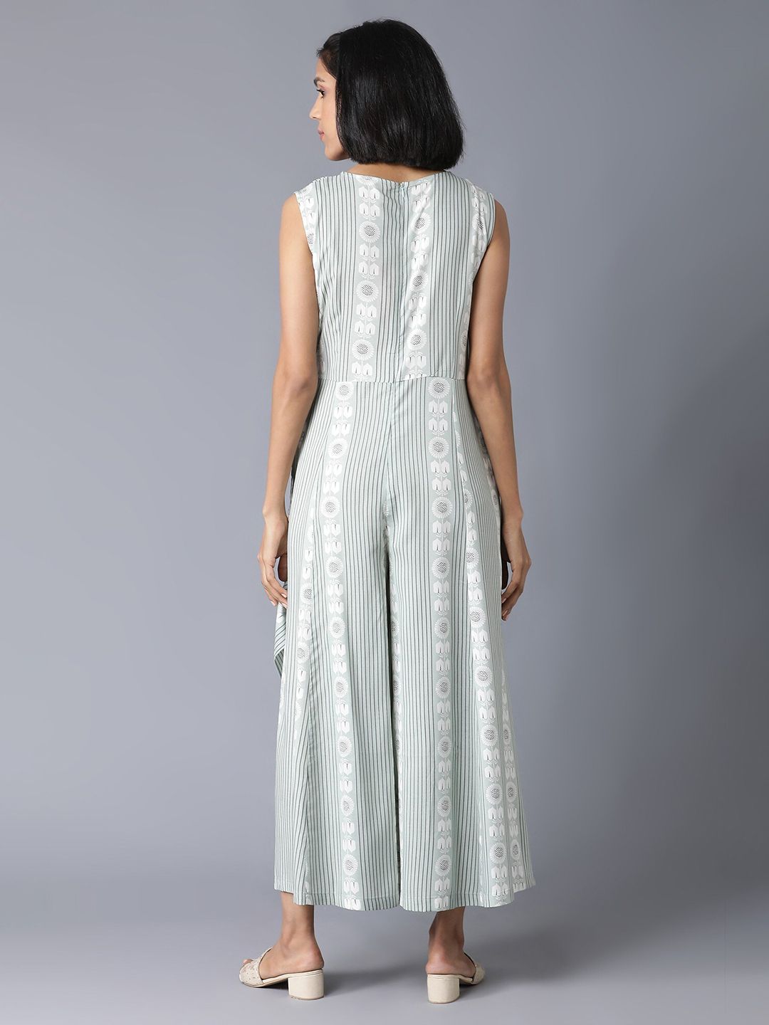 W Women Sage Green & White Printed Rayon Basic Jumpsuit