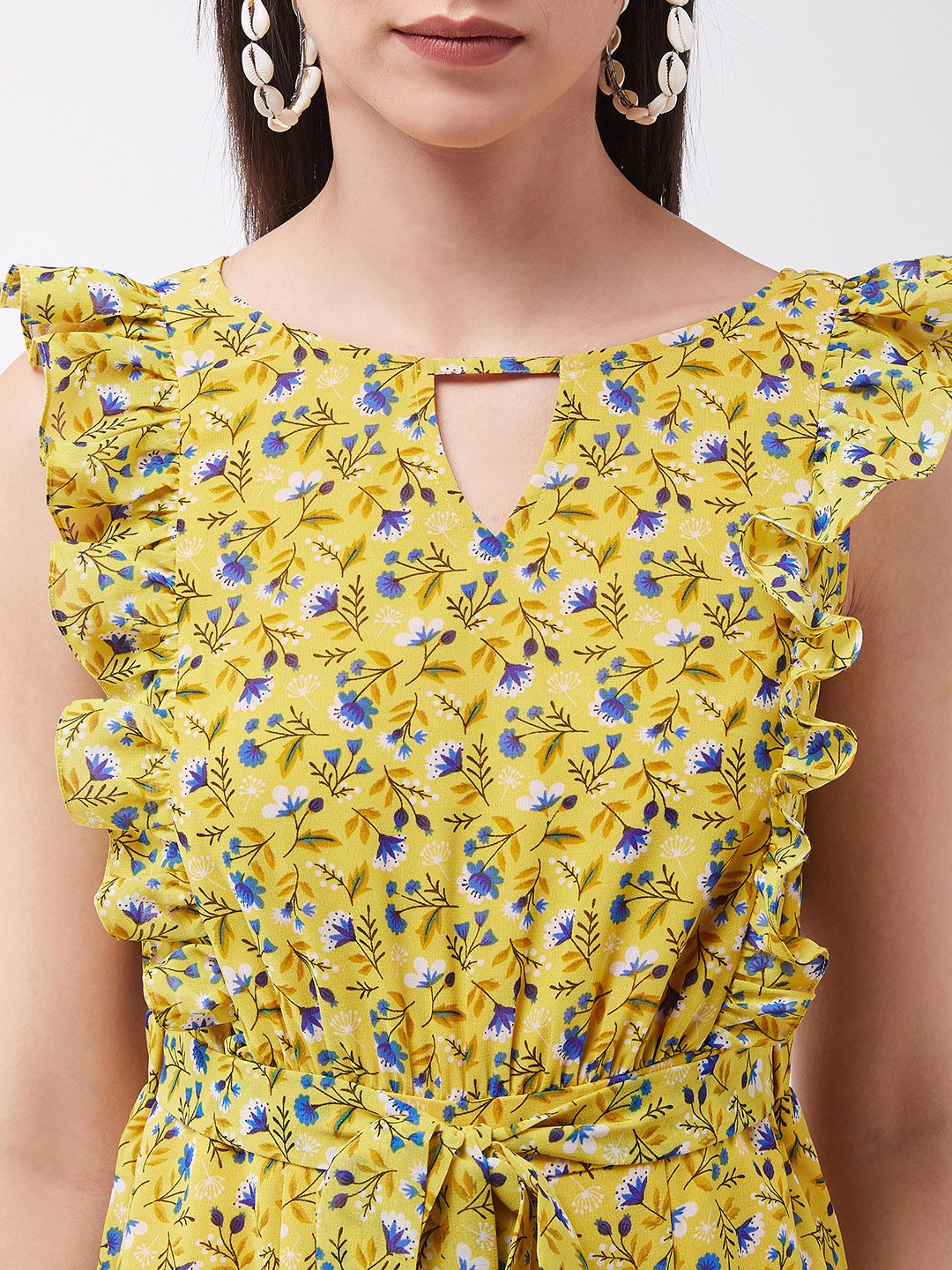 Miss Chase Women Chase Floral Printed Frilled Neck Lengan Tanpa Lengan Lebar Lebar Biasa Jumpsuit