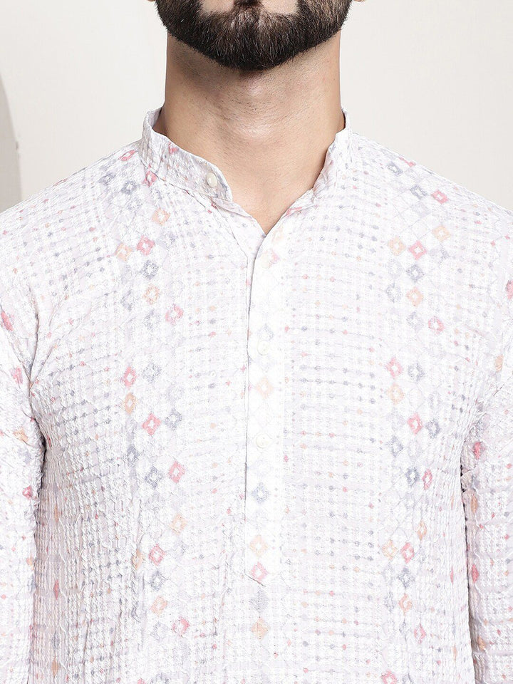 SOJANYA Band Collar Geometric Printed Thread Work Cotton Kurta