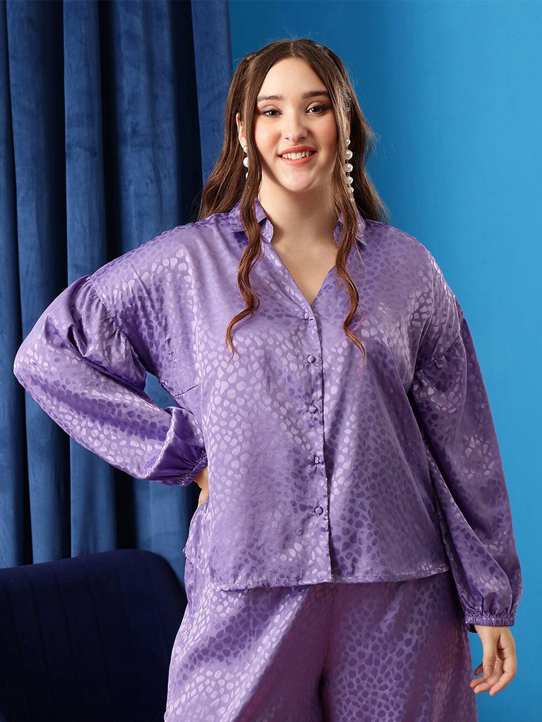 CURVY STREET Plus Size Lavender Comfort Abstract Printed Satin Oversized Casual Shirt