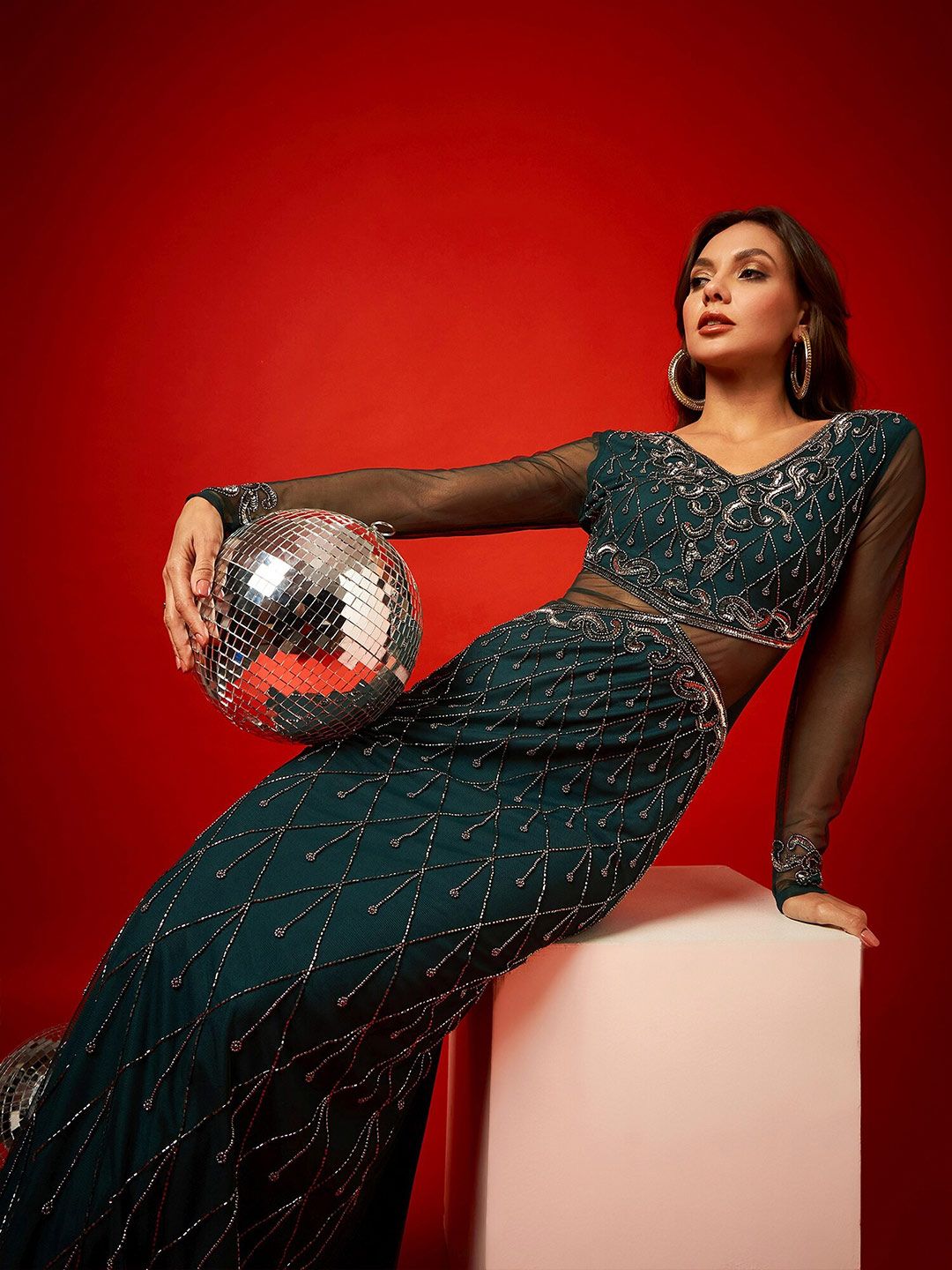 STREET 9 Embellished Long Sleeves Net Sheath Maxi Dress