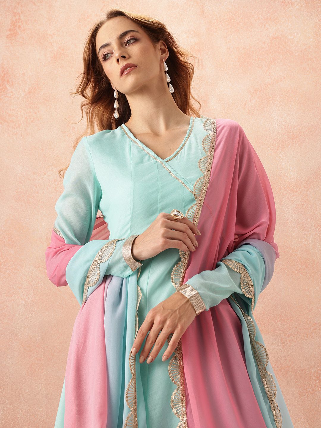 all about you Lace Taping Ethnic Maxi Dress With Dupatta