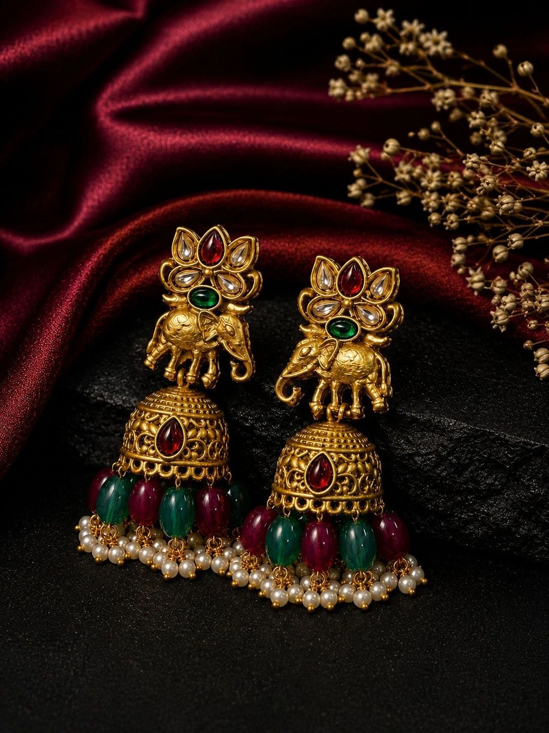 PANASH Gold Plated Artificial Stone Studded & Beaded Dome Shaped Jhumkas