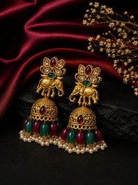 PANASH Gold Plated Artificial Stone Studded & Beaded Dome Shaped Jhumkas