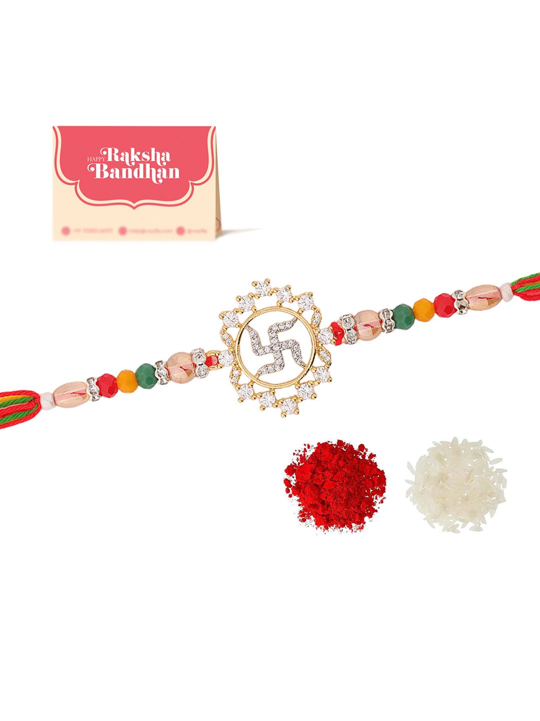 Voylla Radiant Swastika American Diamond Studded & Beaded Thread Rakhi
