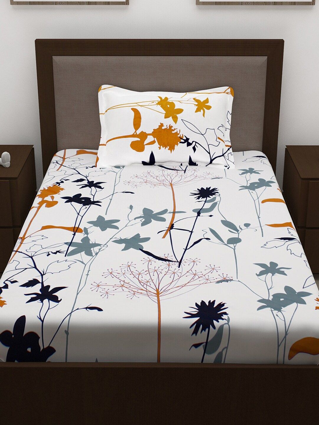 Story@home Mustard & White Floral 186 TC Pure Cotton Single Bedsheet With 1 Pillow Covers