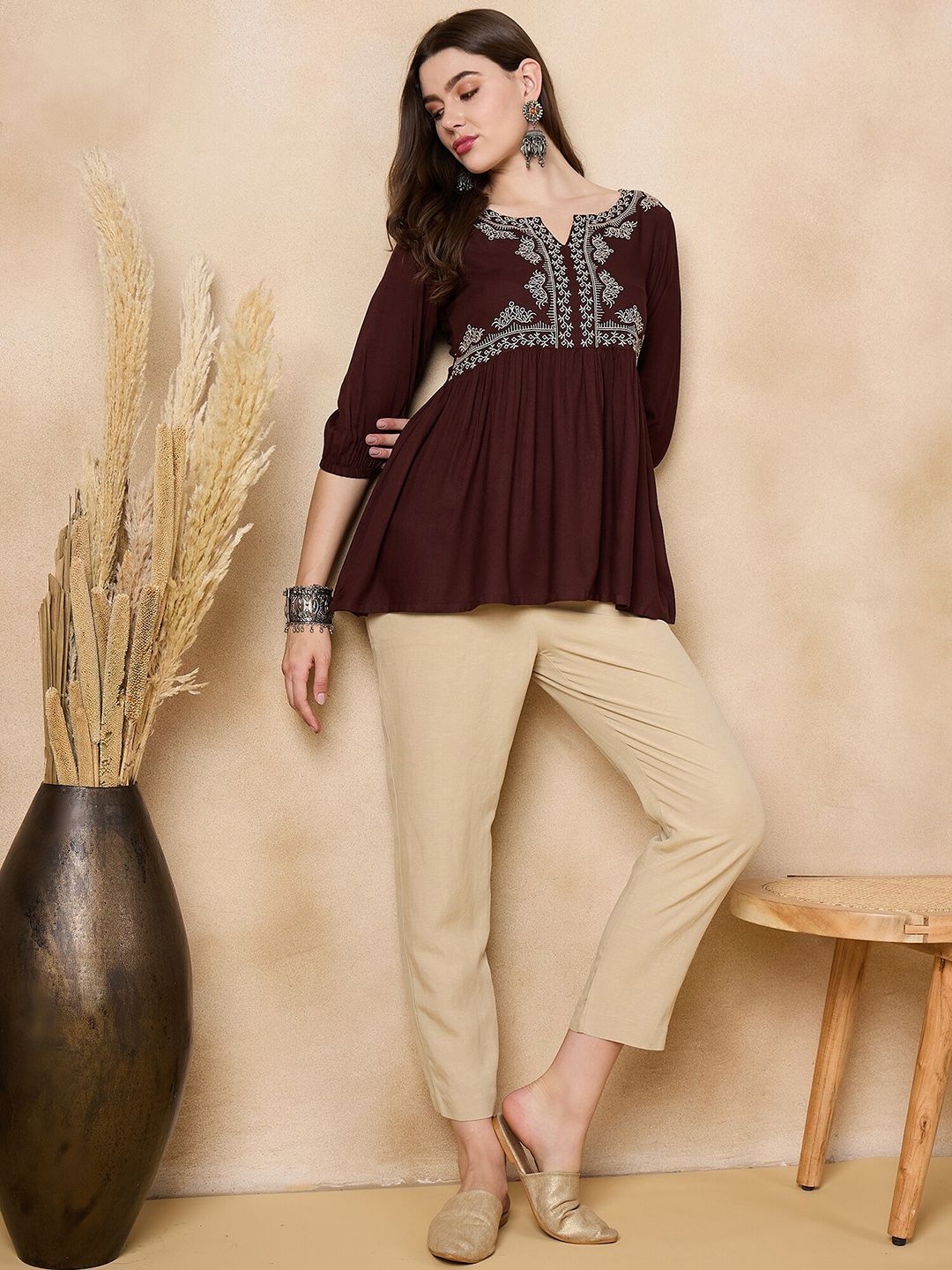 Anouk Women Floral Embroidered Flared Sleeves Thread Work Kurta