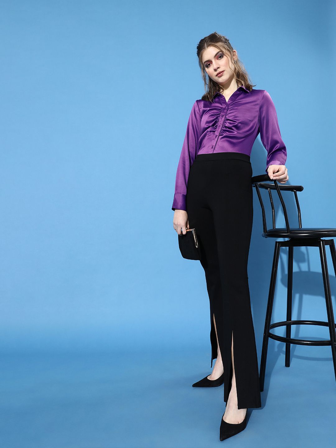 STREET 9 Women Elegant Purple Solid Satin Shirt
