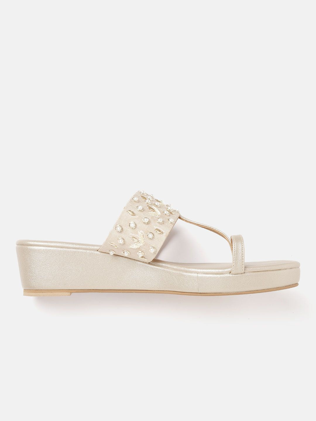 House of Pataudi Women Beige & Off-White Beaded & Embellished Handcrafted Wedges