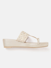 House of Pataudi Women Beige & Off-White Beaded & Embellished Handcrafted Wedges