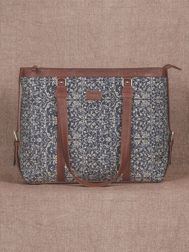 ZOUK Navy Blue & Beige Floral Print Leather Handcrafted 16 Inch Sustainable Laptop Bag
