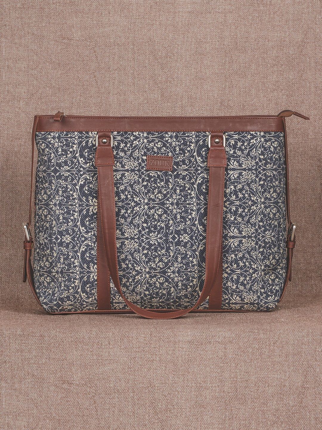 ZOUK Navy Blue & Beige Floral Print Leather Handcrafted 16 Inch Sustainable Laptop Bag