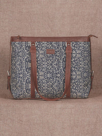 ZOUK Navy Blue & Beige Floral Print Leather Handcrafted 16 Inch Sustainable Laptop Bag