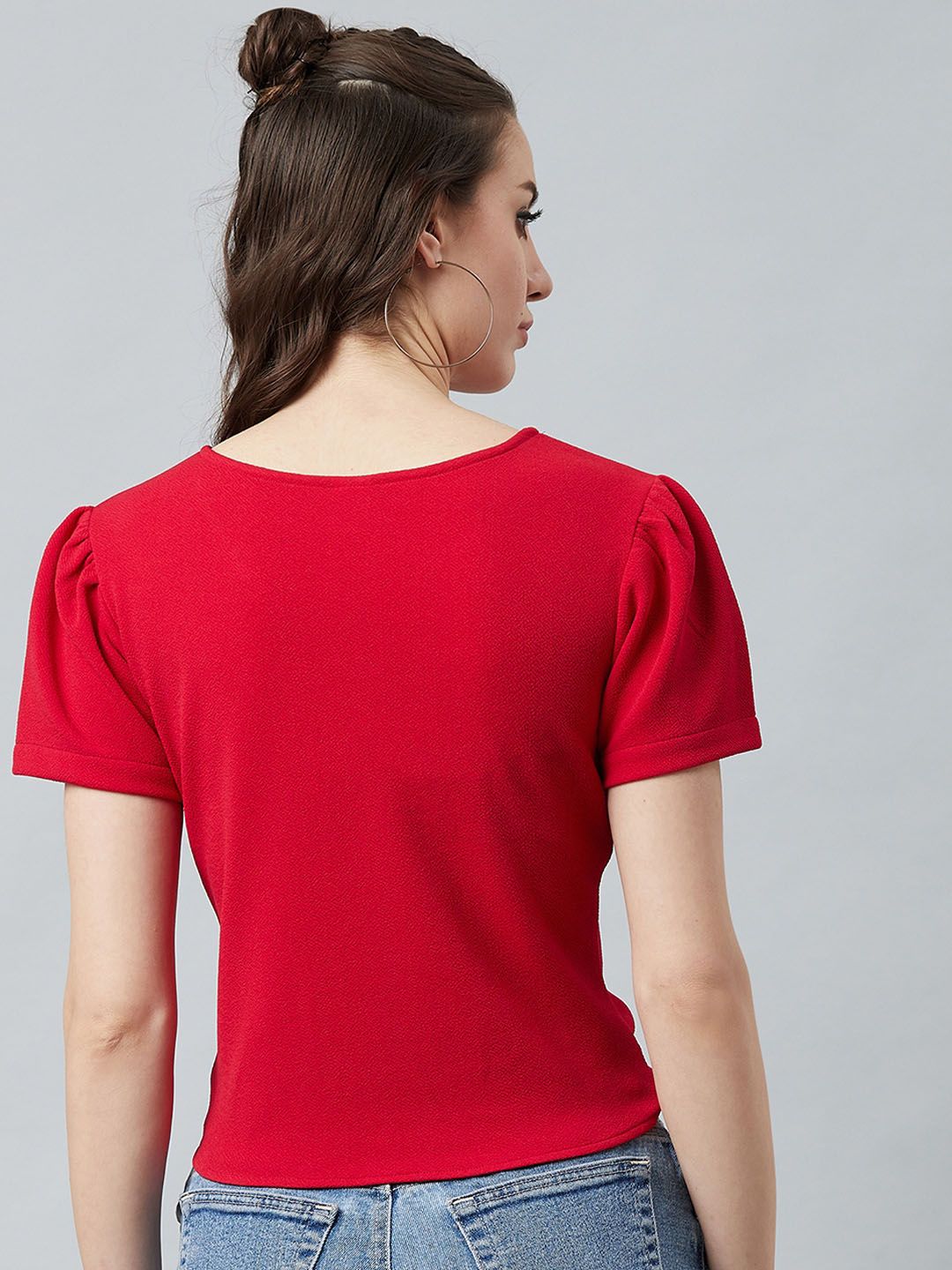Athena Red Knotted Top With Puff Sleeves