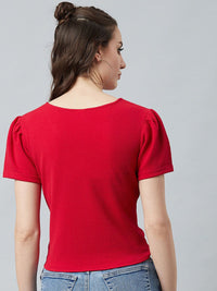 Athena Red Knotted Top With Puff Sleeves