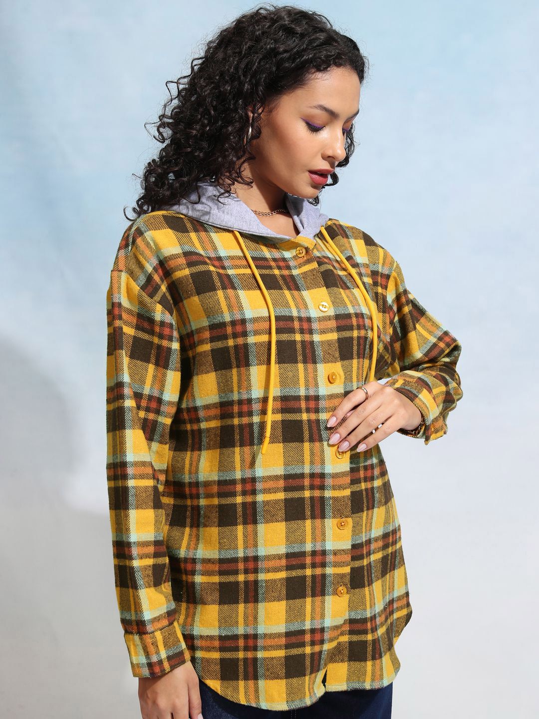 Tokyo Talkies Women Check Oversize Longline Printed Hoodie