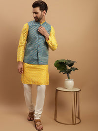 SOJANYA Kurta Biasa Bersulam Geometrik dengan Jaket Nehru Rekaan Churidar & Tenunan