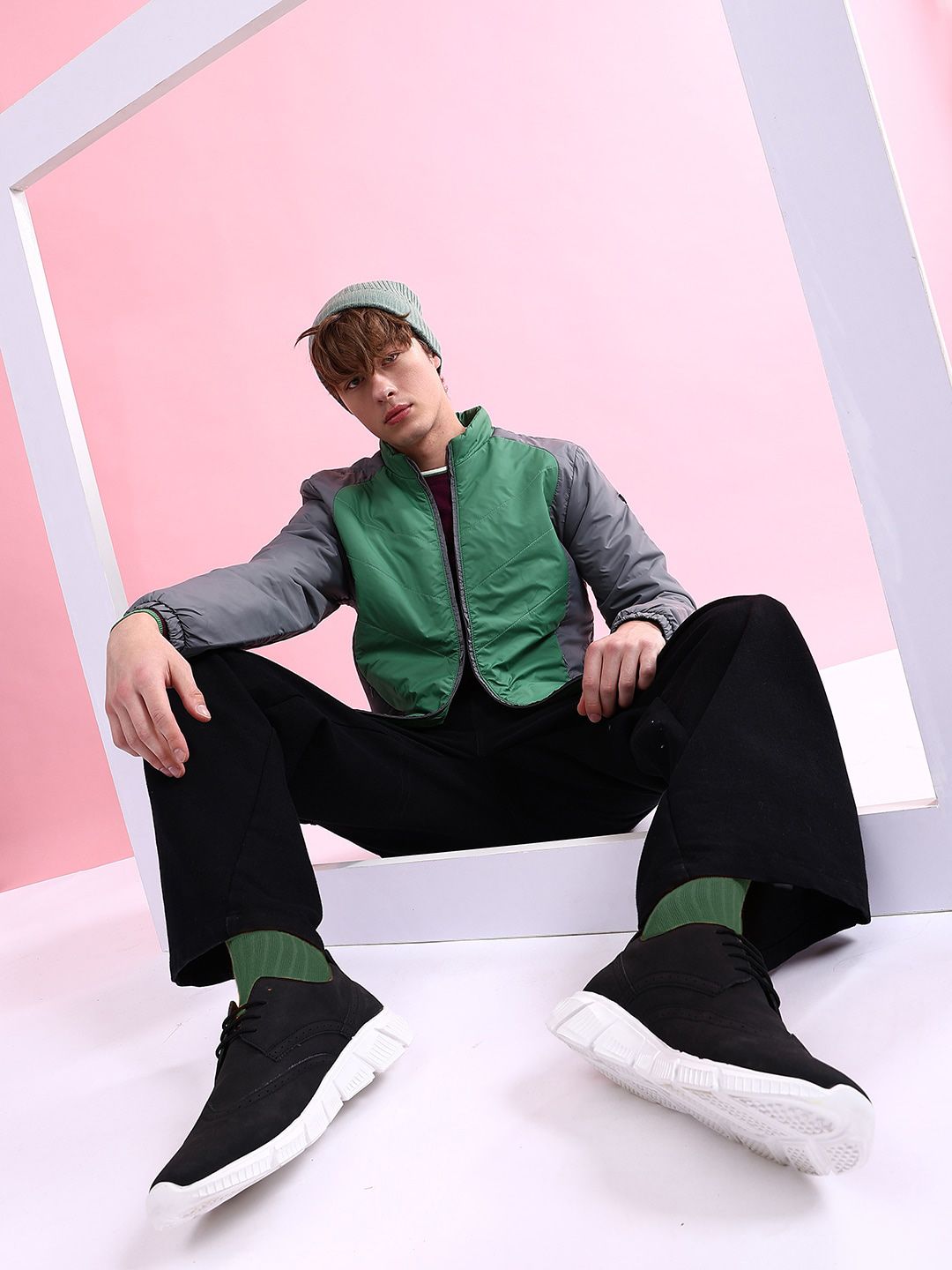 The Indian Garage Co Colourblocked Mock Collar Long Sleeves Padded Jacket