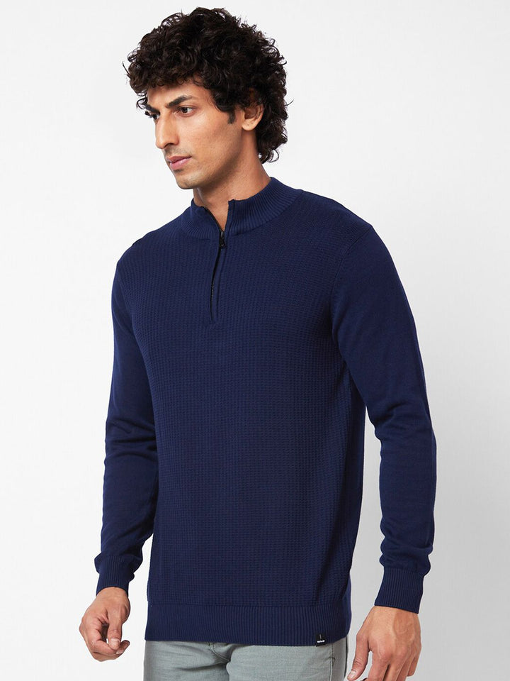 SPYKAR Striped Self Design Mock Collar Half Zipper Ribbed Cotton Pullover Sweater