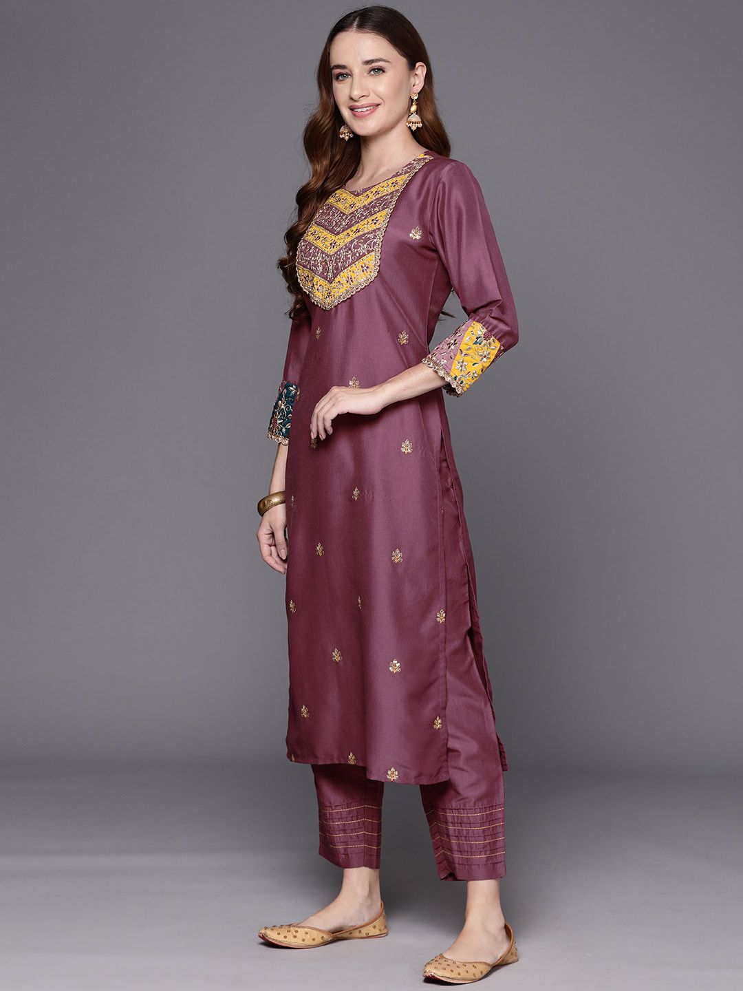 Indo Era Embroidered Regular Sequinned Kurta with Trousers & Dupatta