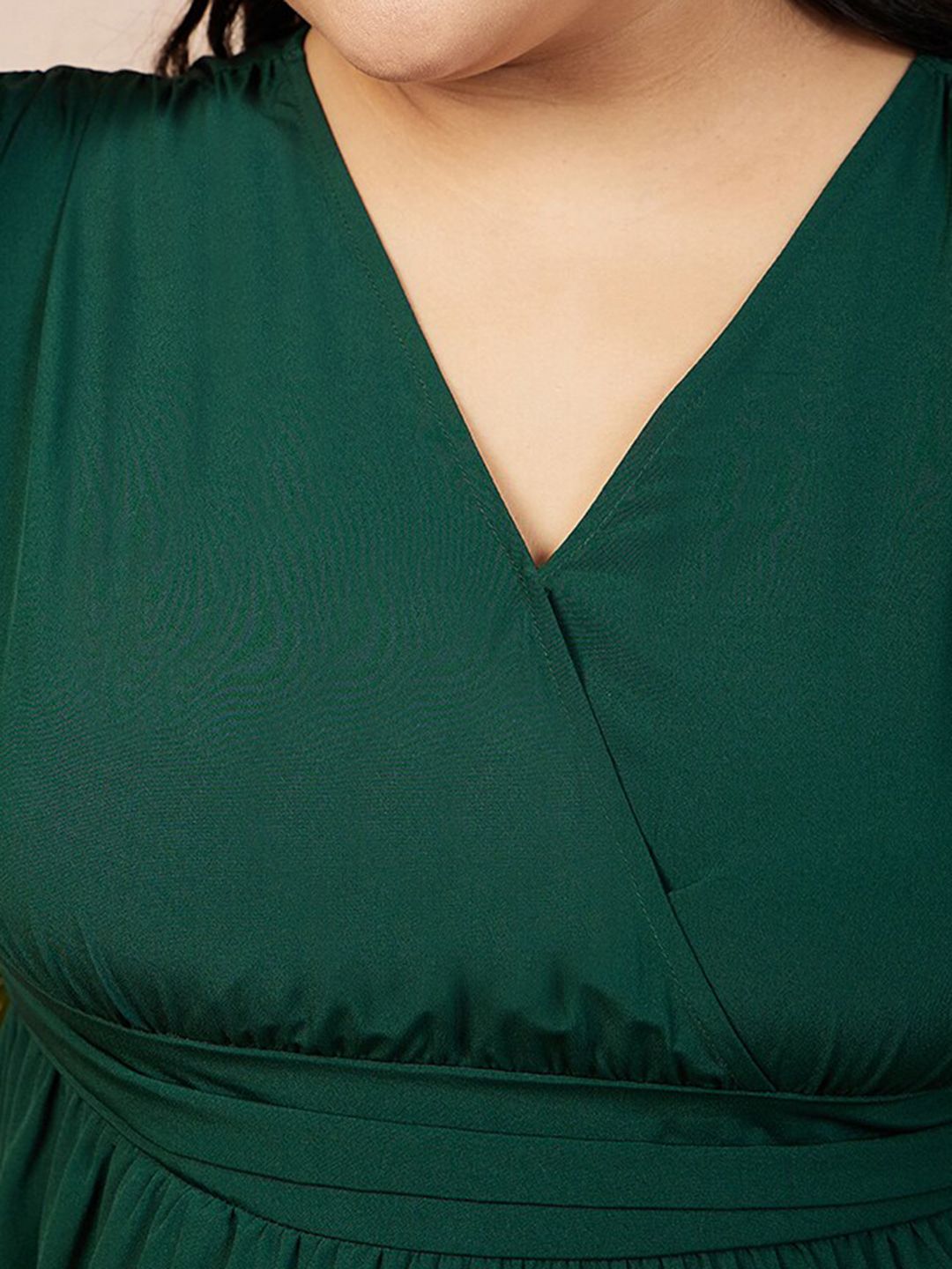 Berrylush Curve Plus Size Green Puff Sleeves Smocked Empire Dress