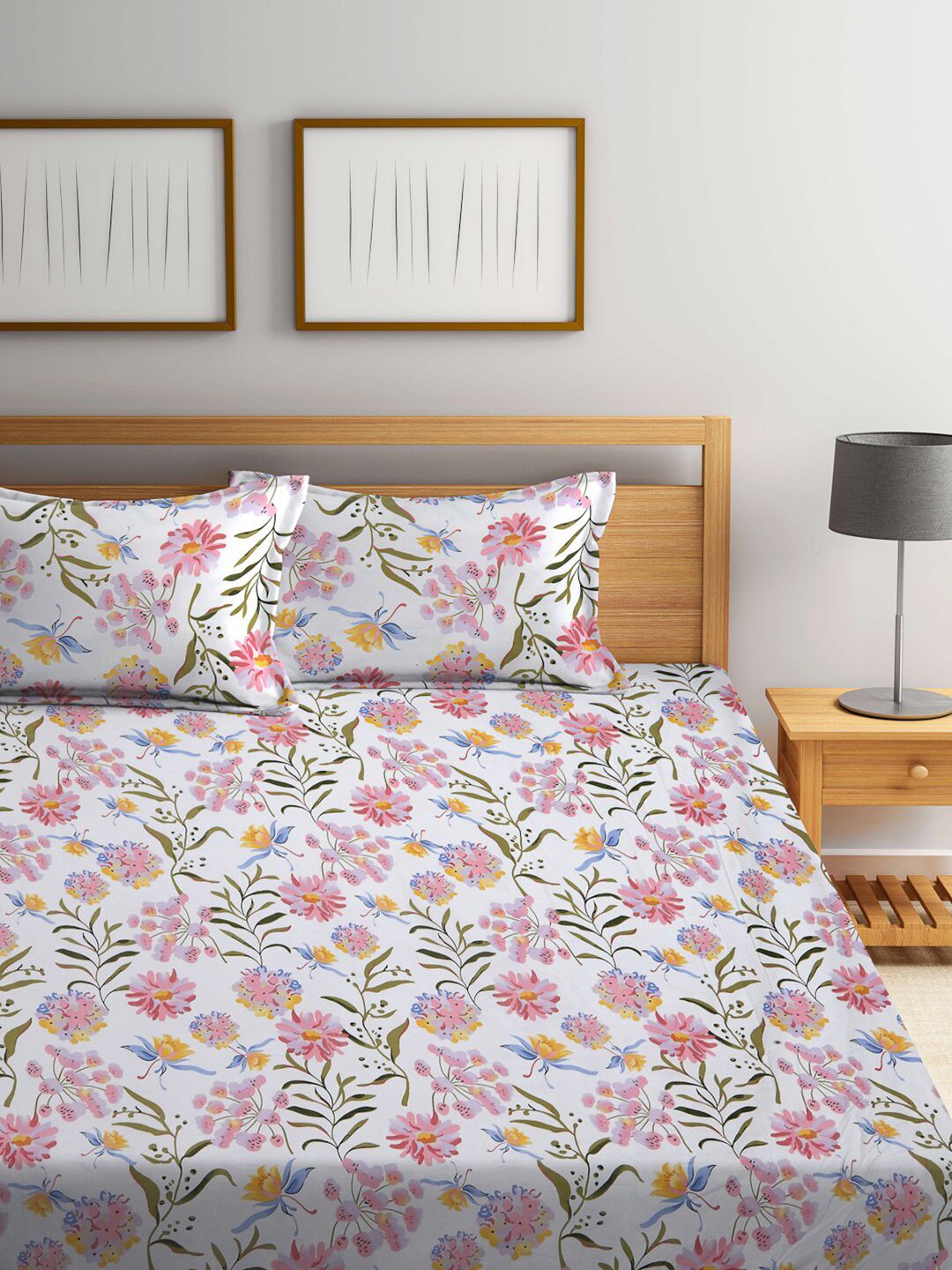 KLOTTHE Bunga Putih Dilengkapi Cadar Katil Super King 300 TC dengan 2 Sarung Bantal-270X270 cm