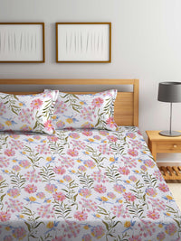 KLOTTHE White Floral Fitted 300 TC Super King Bedsheet with 2 Pillow Covers-270X270 cm
