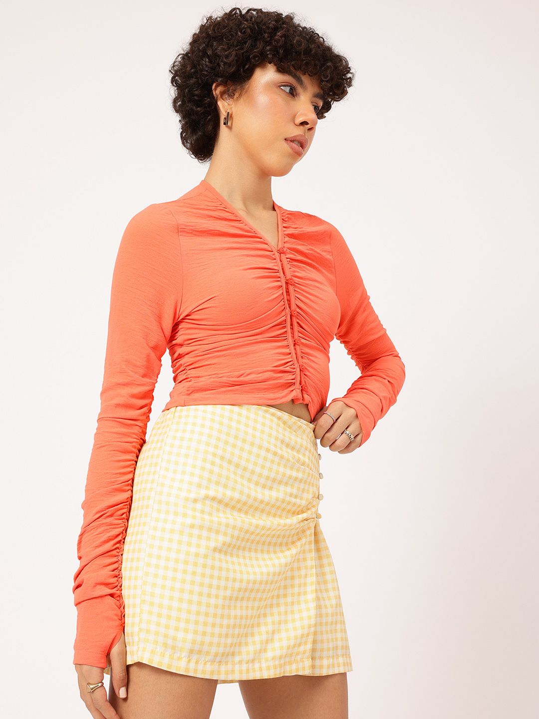 DressBerry Ruched Ready Button-Up Fitted Top With Thumholes