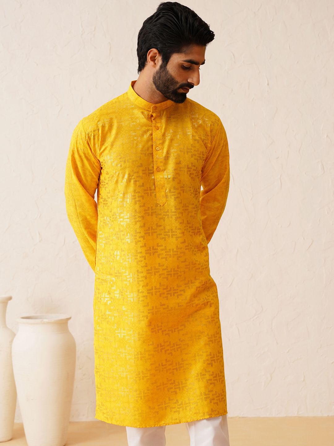 SOJANYA Geometric Woven Design Mandarin Collar Zari Cotton Straight Kurta