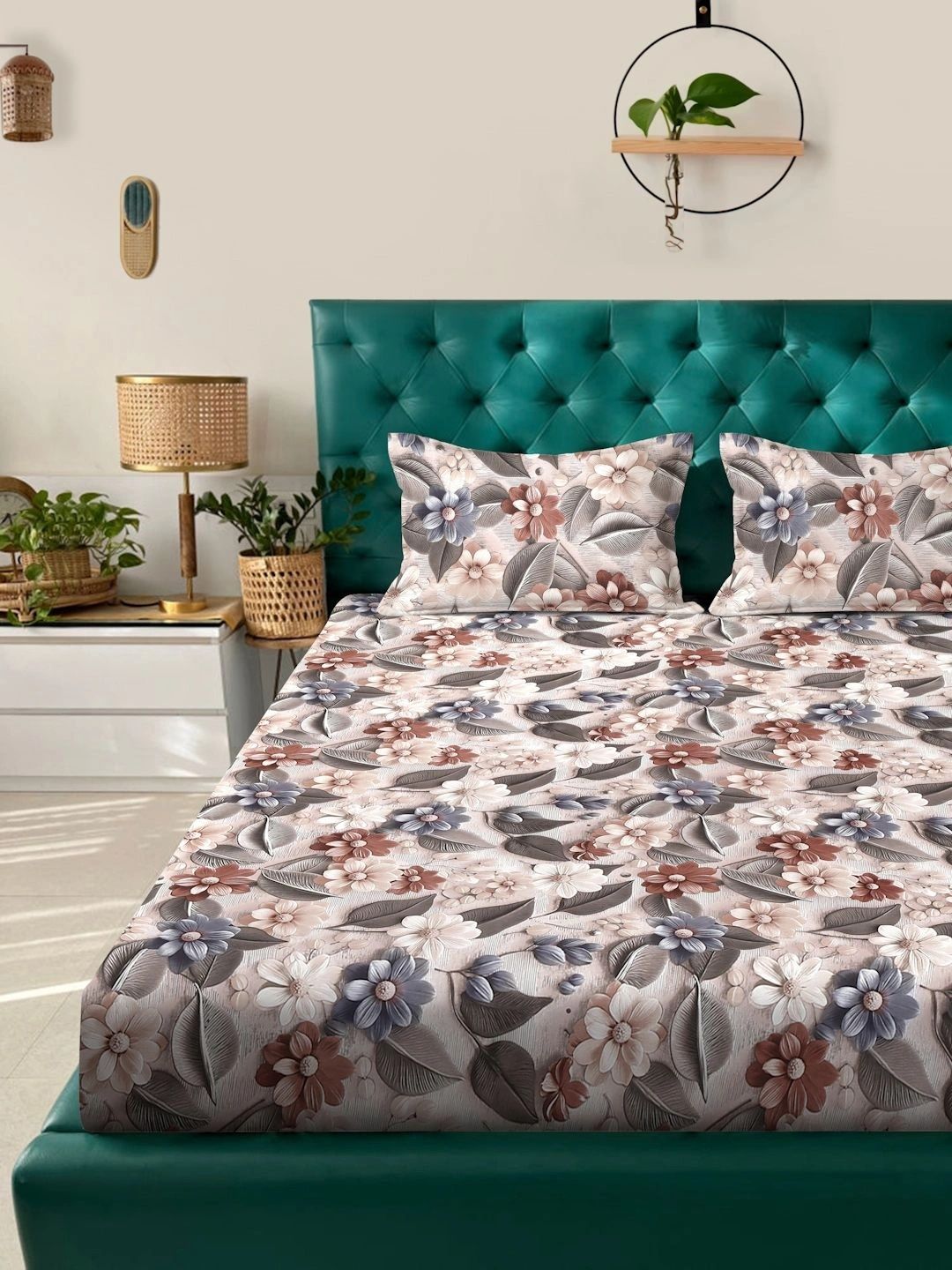 Moda Rapido X KLOTTHE Beige & Brown Floral 300 TC Cadar Katil King dengan 2 Sarung Bantal